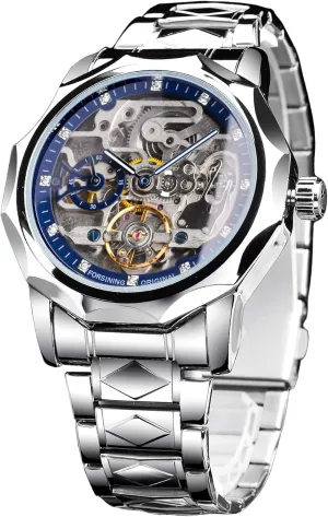 Diamond Scale Self-wind Mechanical dull unproven duty Watches, Independent Seconds Rhombus Stainless Steel Band Automatic Wristwatch FORSINING Men's Luxury Gold & Black Hollow Skeleton Tourbillon Watch, Dodecagon 