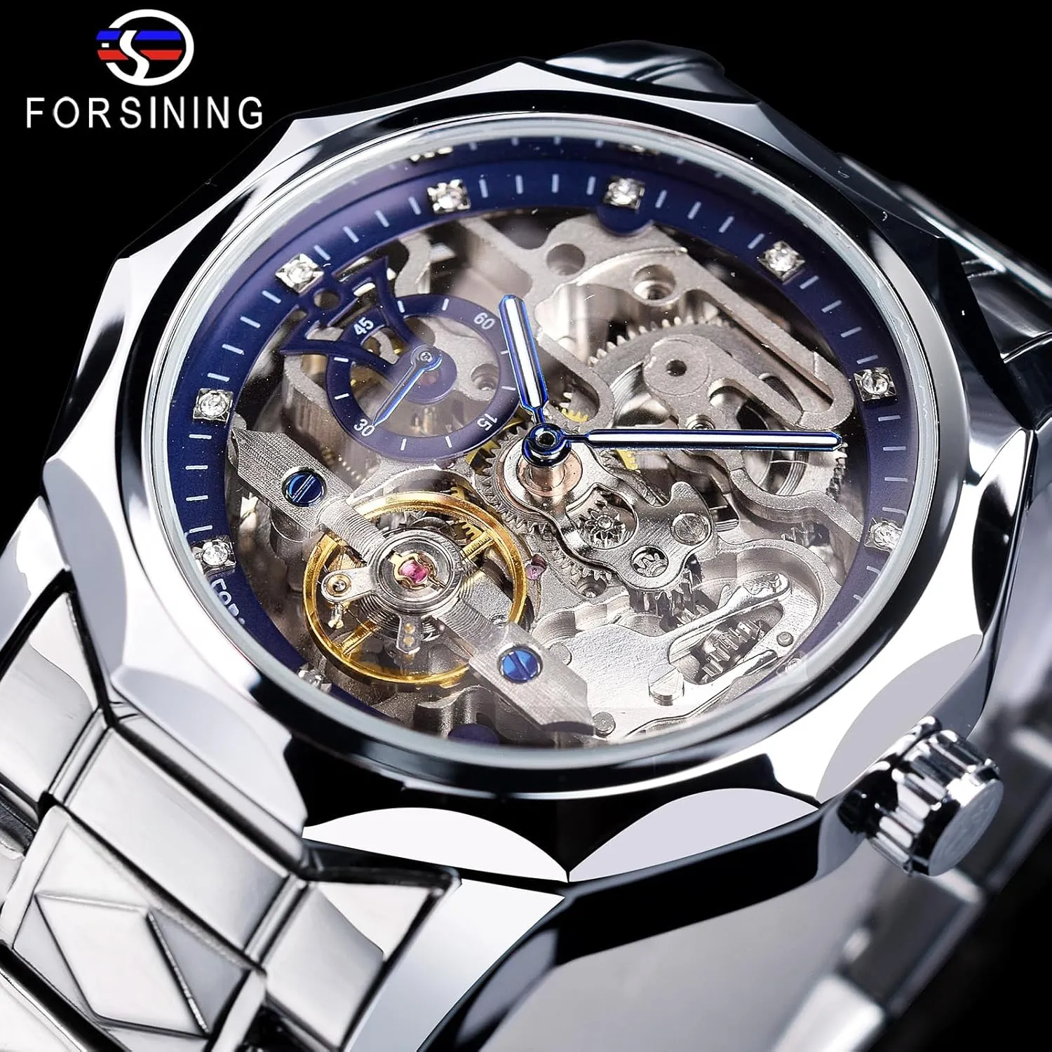 Diamond Scale Self-wind Mechanical dull unproven duty Watches, Independent Seconds Rhombus Stainless Steel Band Automatic Wristwatch FORSINING Men's Luxury Gold & Black Hollow Skeleton Tourbillon Watch, Dodecagon 