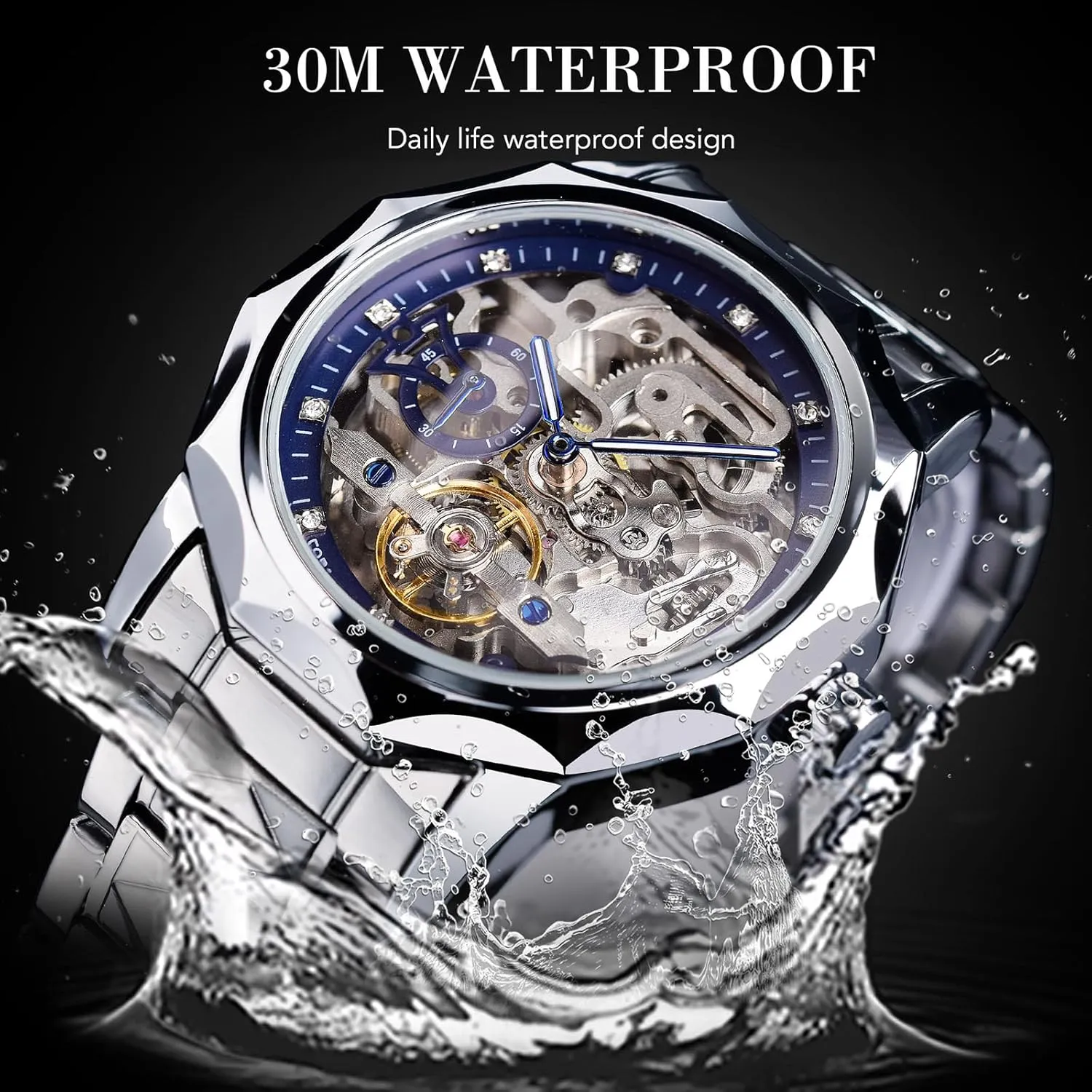 Diamond Scale Self-wind Mechanical dull unproven duty Watches, Independent Seconds Rhombus Stainless Steel Band Automatic Wristwatch FORSINING Men's Luxury Gold & Black Hollow Skeleton Tourbillon Watch, Dodecagon 