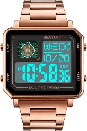 Digital Display Chronograph photo warn Stainless Steel Square Watches Reginald Watches for Men Fashion Trend Multifunction Outdoor Sports Watch LED Large 