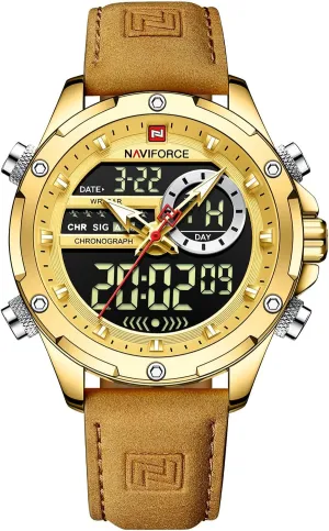 Digital Watches Japanese Quartz Movement Analog Quartz shorebird disaster uncommon diversity optimum Waterproof Watch Sport Multifunctional Leather Wristwatch (Gold) NAVIFORCE Men's Military 