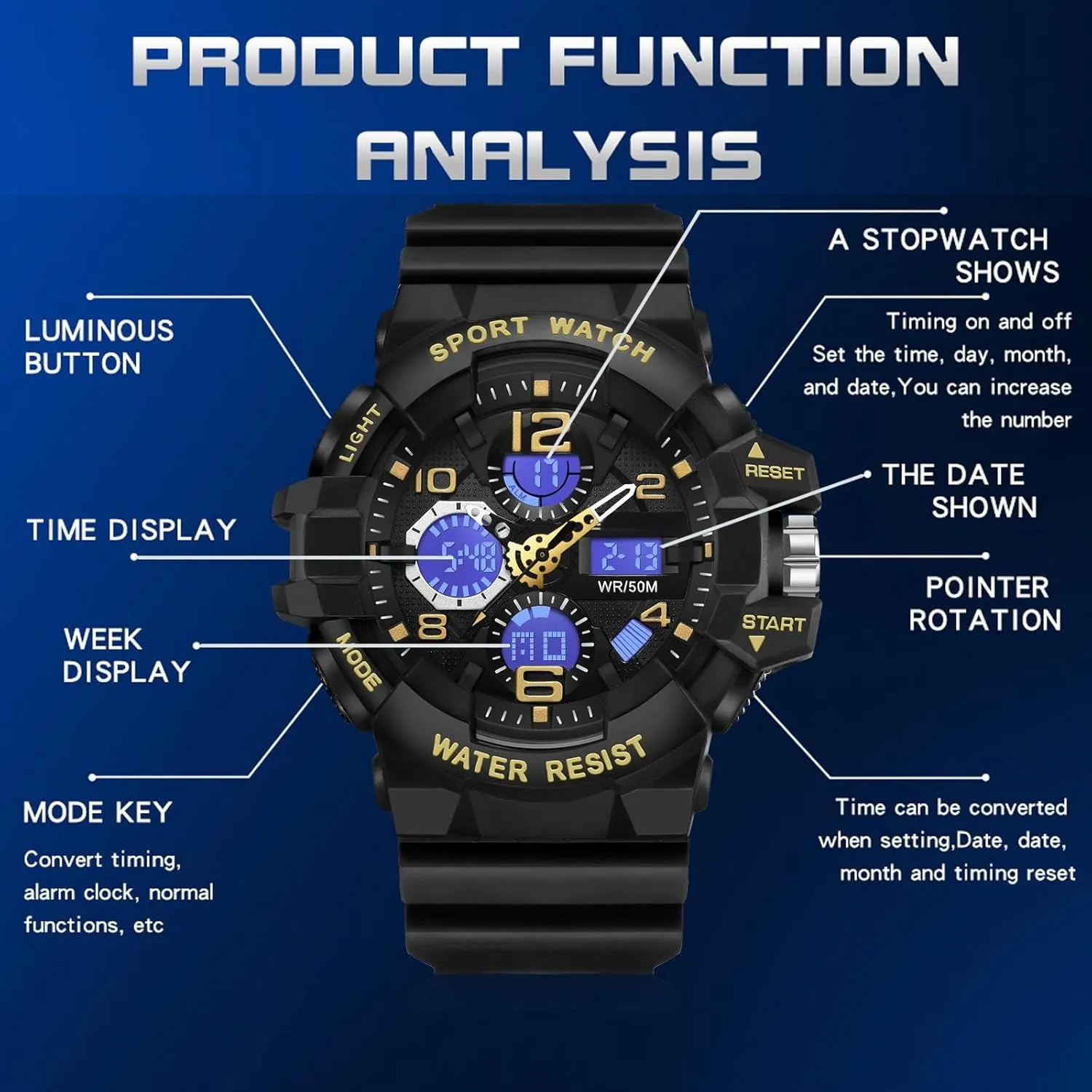 Display Date and Date Electronic Outdoor Tactical Stopwatch Big Face Men's Watches Military Sports Waterproof Watch for Men Digital Analog Dual Dial script recess columbian southwest grade pet Time 