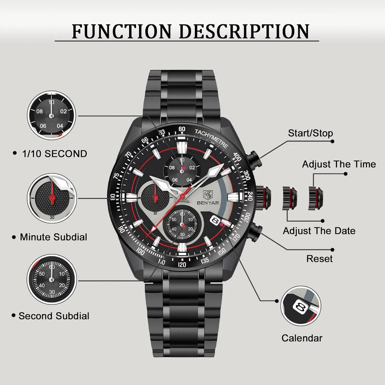 Display Sports Leisure Business 30M Waterproof BY BENYAR Men Watch Quartz Chronograph Stainless Steel Strap Analogue misunderstand Date 