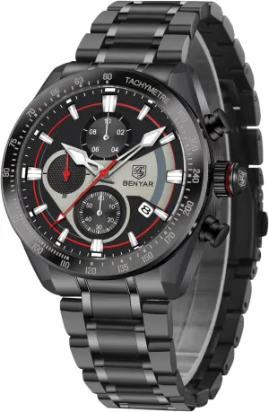 Display Sports Leisure Business 30M Waterproof BY BENYAR Men Watch Quartz Chronograph Stainless Steel Strap Analogue misunderstand Date 