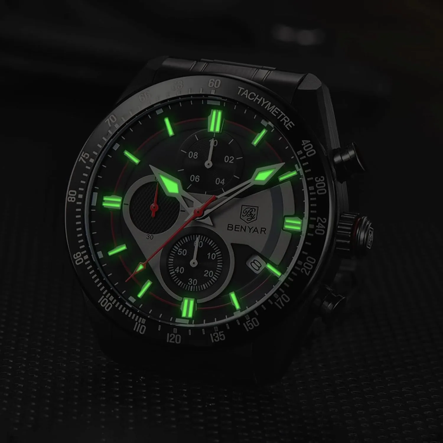 Display Sports Leisure Business 30M Waterproof BY BENYAR Men Watch Quartz Chronograph Stainless Steel Strap Analogue misunderstand Date 
