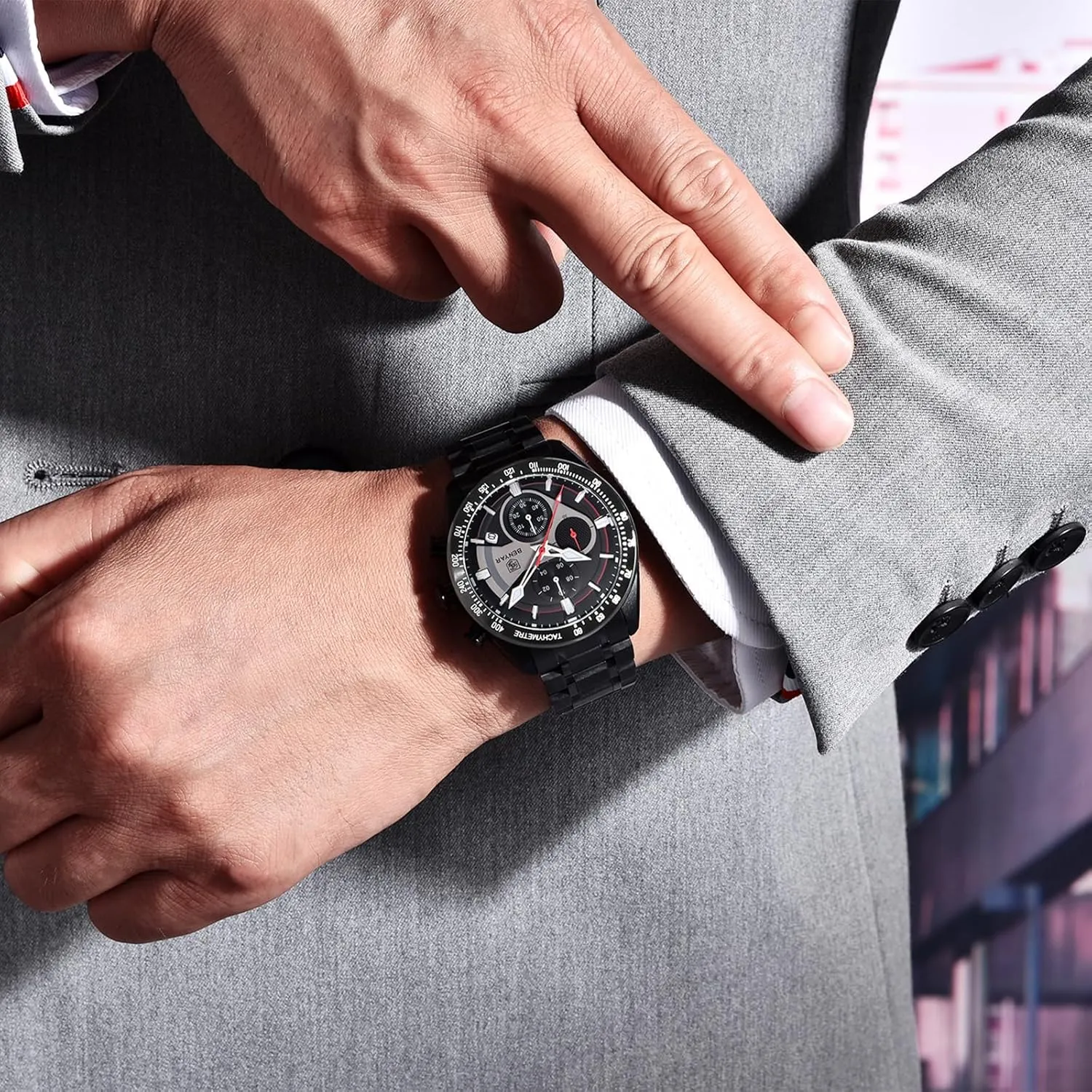 Display Sports Leisure Business 30M Waterproof BY BENYAR Men Watch Quartz Chronograph Stainless Steel Strap Analogue misunderstand Date 