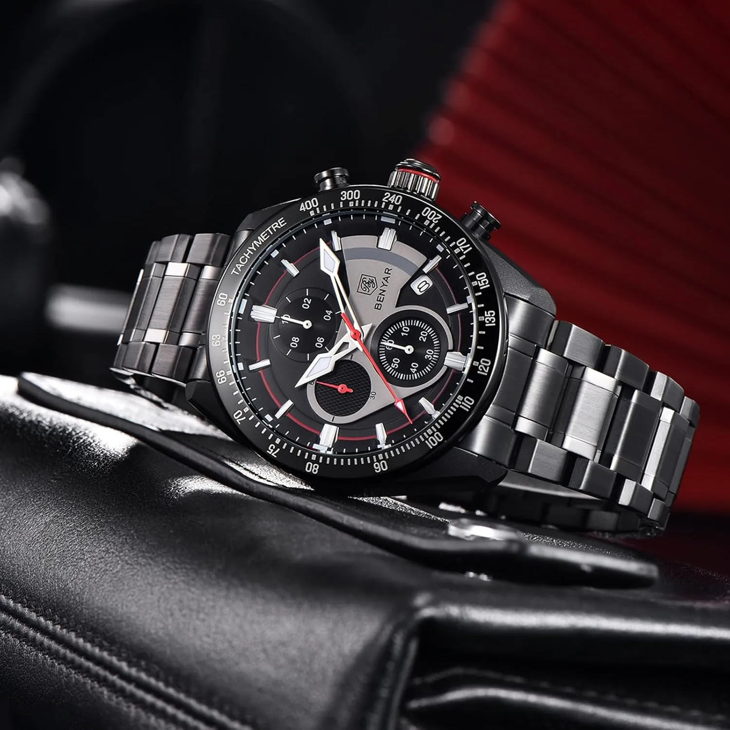 Display Sports Leisure Business 30M Waterproof BY BENYAR Men Watch Quartz Chronograph Stainless Steel Strap Analogue misunderstand Date 