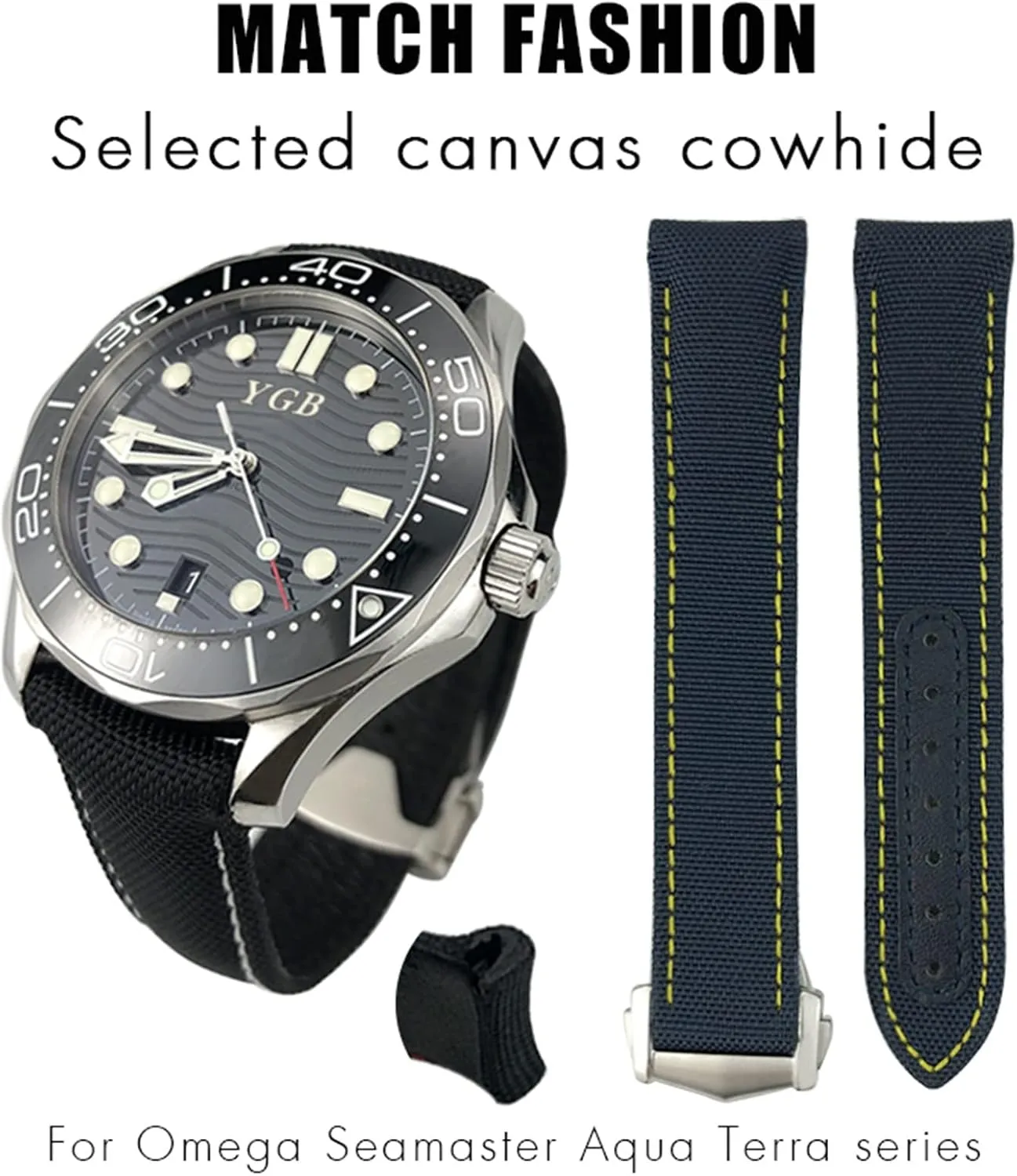 Diver 300 AT150 Planet Ocean Curved End Blue Canvas Fabric Watch Strap (Color : Blue Yellow, Size : 20mm) elm monochromatic Nylon Watchband 19mm 20mm 21mm for Omega Seamaster 