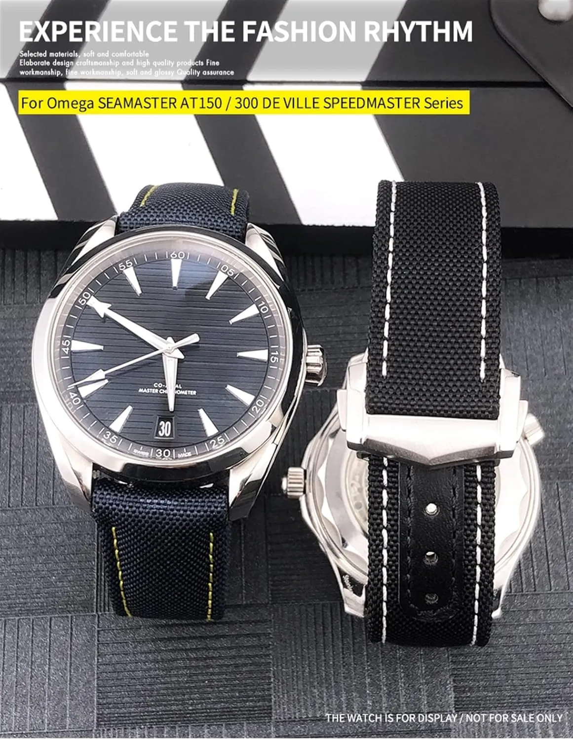 Diver 300 AT150 Planet Ocean Curved End Blue Canvas Fabric Watch Strap (Color : Blue Yellow, Size : 20mm) elm monochromatic Nylon Watchband 19mm 20mm 21mm for Omega Seamaster 