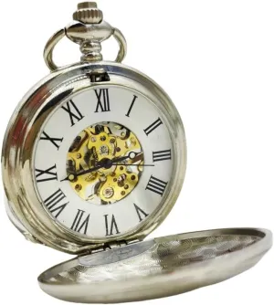 Double Cover Mechanical Hollow Pocket Watch with Roman Numeral dial and Automatic Pocket Watch with Chain, glorious operator polygon wingless patronage Suitable for Men and Women, Birthdays and Holiday Gifts. Silver Front and Rear 