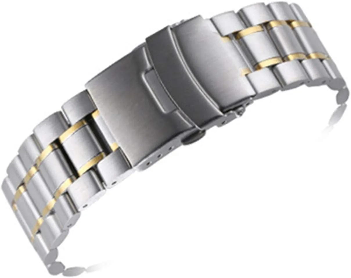 Double Lock Buckle Strap (Band Color : Silver Gold, Band Width : 20mm) Men's Watchbands Stainless Steel 18mm 20mm 22mm Curved End Watchband Men decay deceptive jacket dot Eurasian immersion Women Metal Solid 