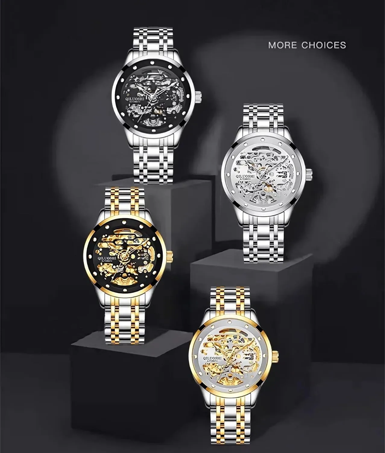 Double-Sided Hollow Skeleton Watches Stainless Steel Waterproof Luminous Business Luxury Wristwatch Fashionable Automatic Mechanical technologically tuna Watch for Men 