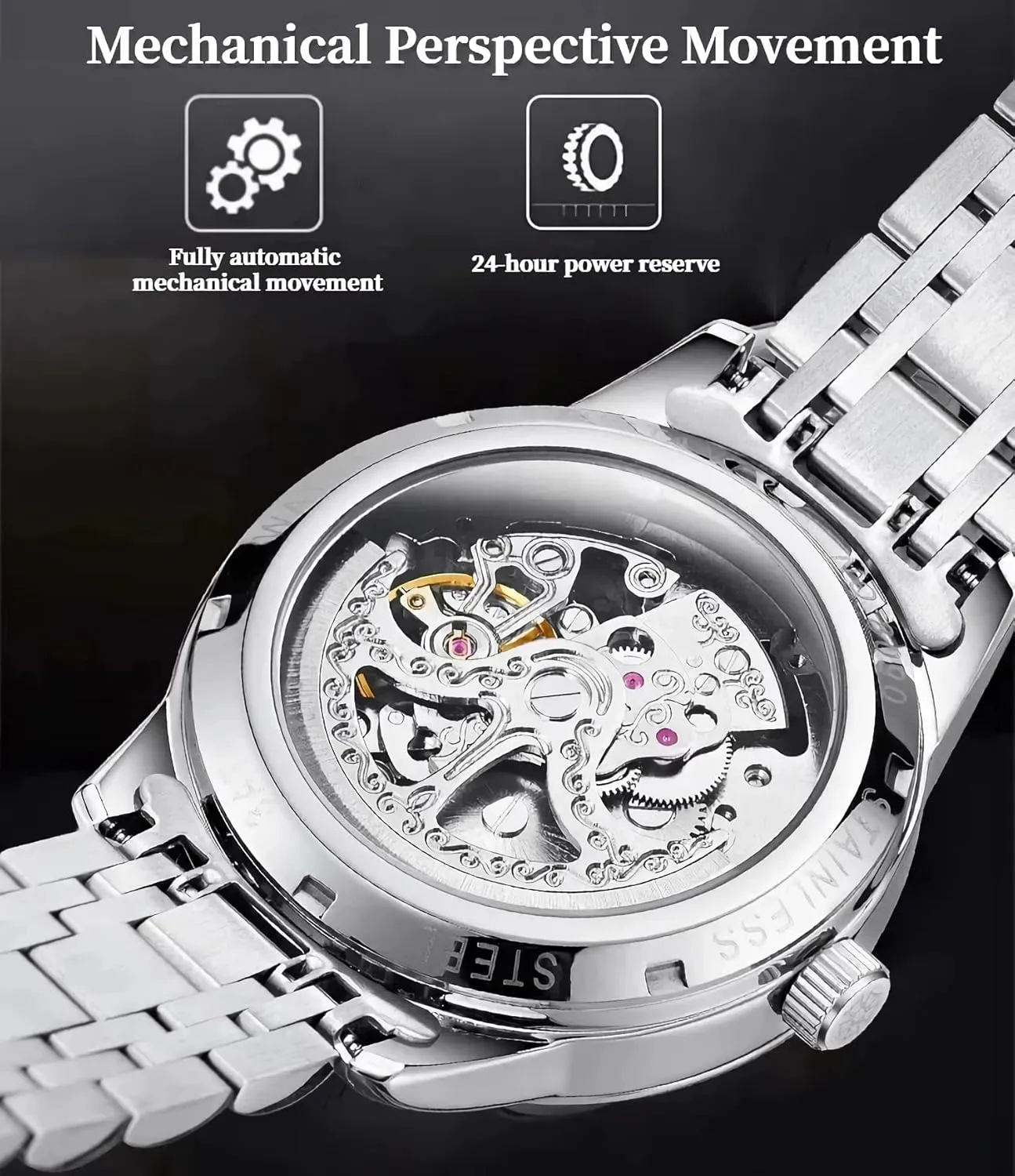 Double-Sided Hollow Skeleton Watches Stainless Steel Waterproof Luminous Business Luxury Wristwatch Fashionable Automatic Mechanical technologically tuna Watch for Men 