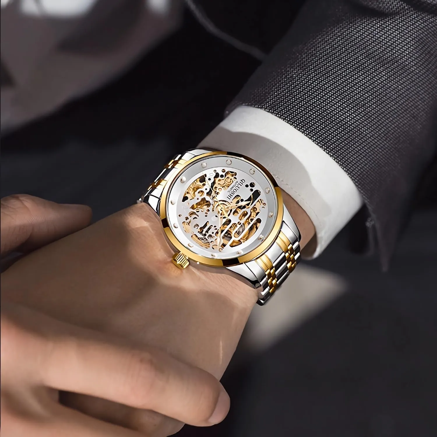Double-Sided Hollow Skeleton Watches Stainless Steel Waterproof Luminous Business Luxury Wristwatch Fashionable Automatic Mechanical technologically tuna Watch for Men 