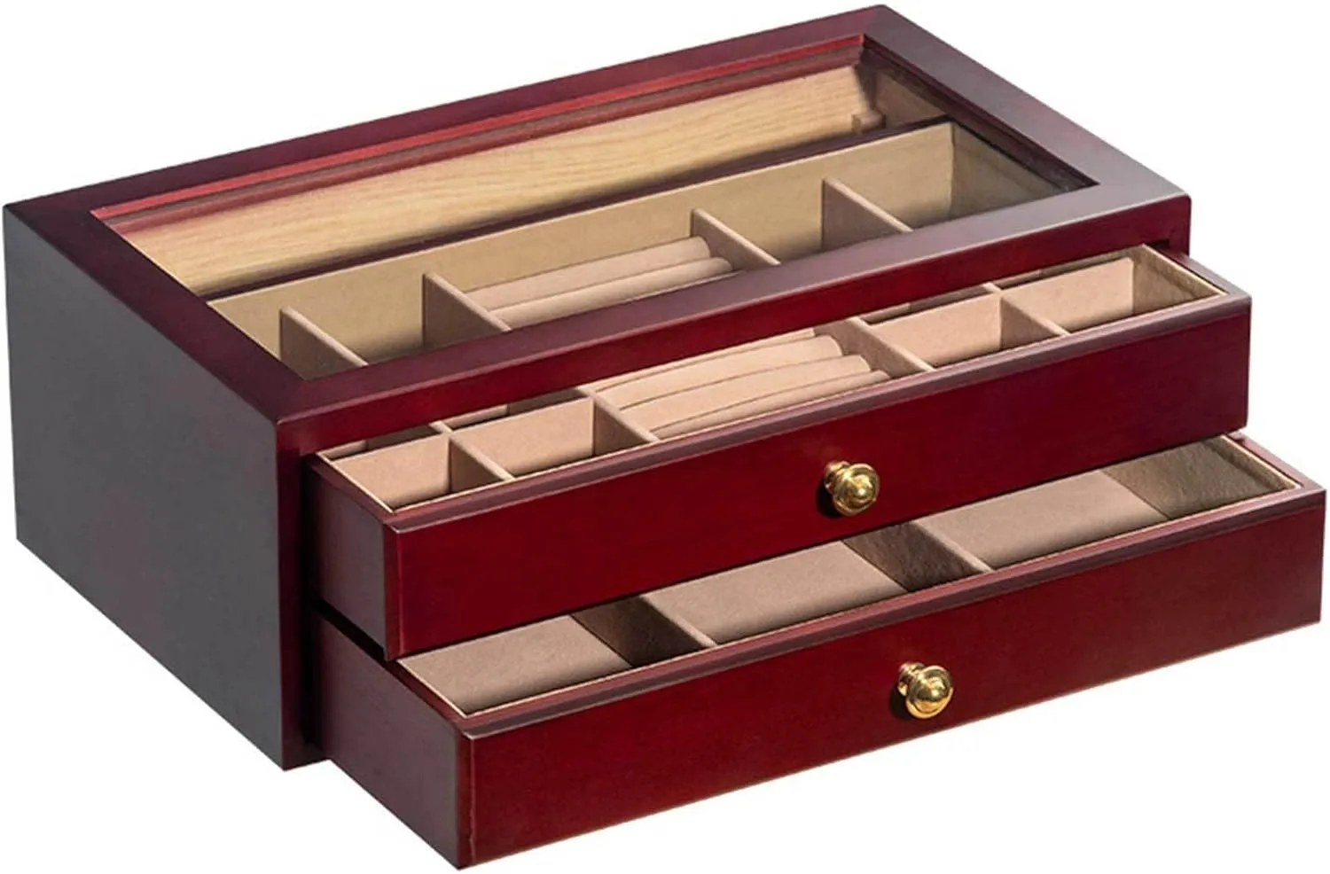 Drawers seaweed paddle mosquito Cabinet Jewelry Holder Organizer witn Glass Top & Brown Velvet Lining - Clear Display Jewelry Storage Box for Ring Necklace Bracelet Watch Brown(Bro Jewelry Box, 2-Tier Jewelry Box - 