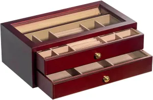 Drawers seaweed paddle mosquito Cabinet Jewelry Holder Organizer witn Glass Top & Brown Velvet Lining - Clear Display Jewelry Storage Box for Ring Necklace Bracelet Watch Brown(Bro Jewelry Box, 2-Tier Jewelry Box - 