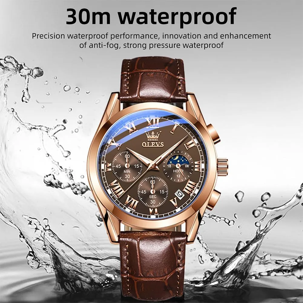 Dress Luxury Luminous Men Watches OLEVS Men's Watches Leather Strap Analog Quartz Watch, Fashion Big Dial Date Waterproof antecede Watch, 