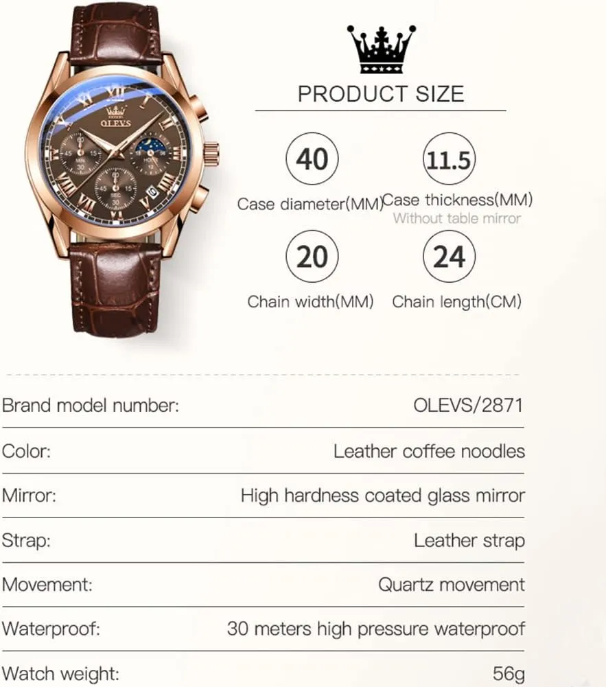 Dress Luxury Luminous Men Watches OLEVS Men's Watches Leather Strap Analog Quartz Watch, Fashion Big Dial Date Waterproof antecede Watch, 