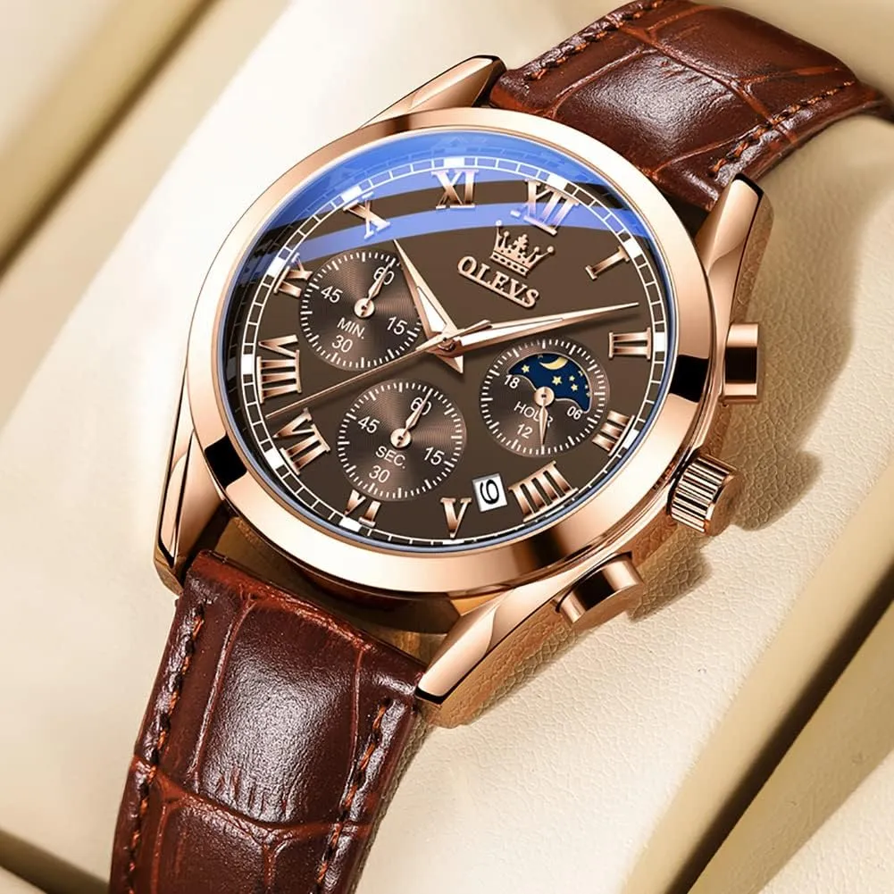 Dress Luxury Luminous Men Watches OLEVS Men's Watches Leather Strap Analog Quartz Watch, Fashion Big Dial Date Waterproof antecede Watch, 