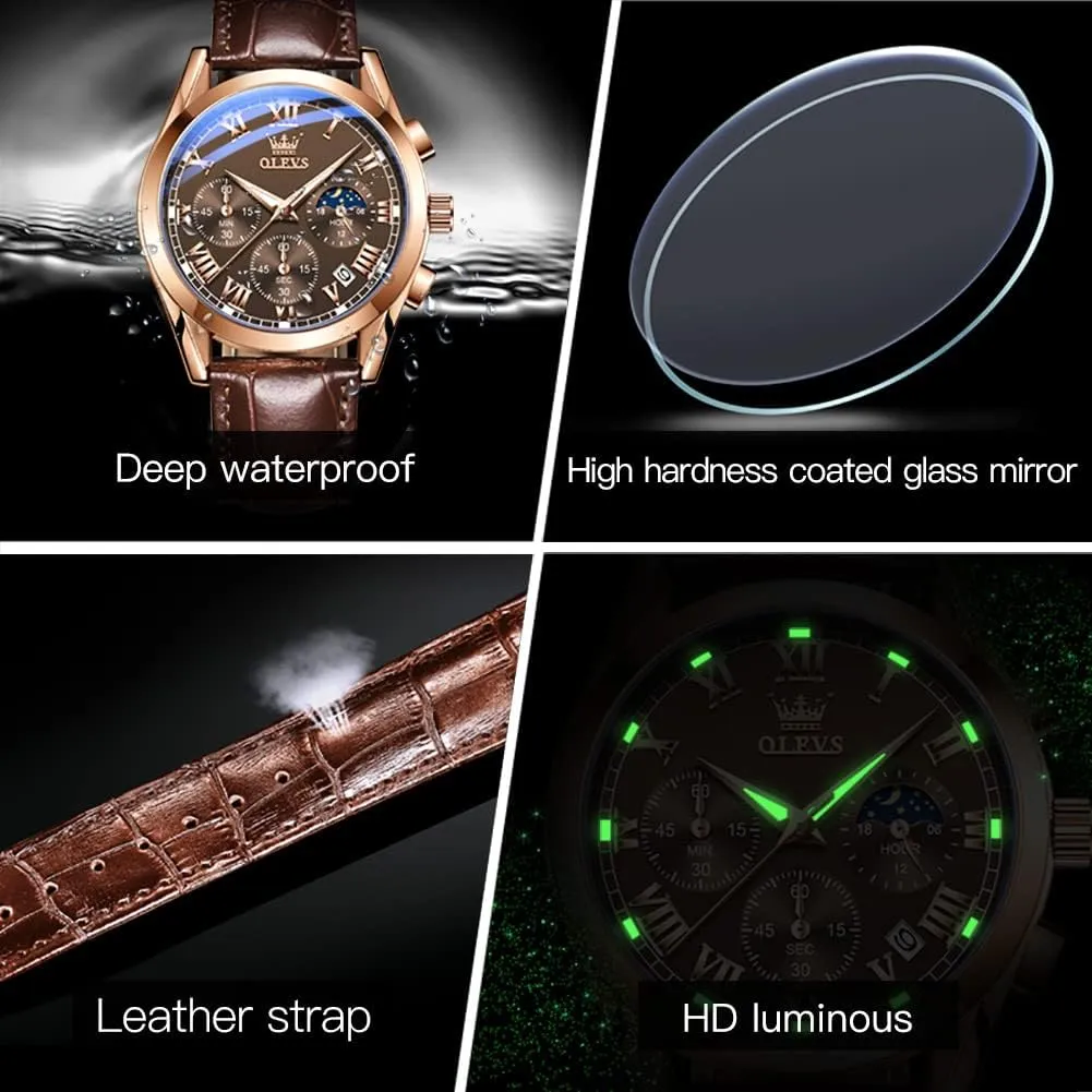 Dress Luxury Luminous Men Watches OLEVS Men's Watches Leather Strap Analog Quartz Watch, Fashion Big Dial Date Waterproof antecede Watch, 
