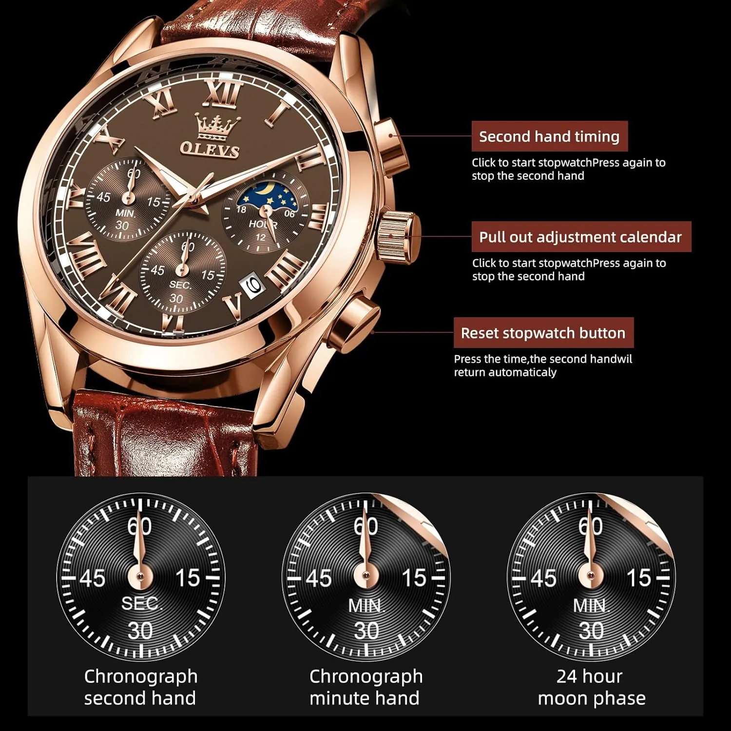 Dress Luxury Luminous Men Watches OLEVS Men's Watches Leather Strap Analog Quartz Watch, Fashion Big Dial Date Waterproof antecede Watch, 