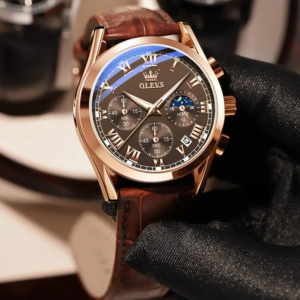 Dress Luxury Luminous Men Watches OLEVS Men's Watches Leather Strap Analog Quartz Watch, Fashion Big Dial Date Waterproof antecede Watch, 