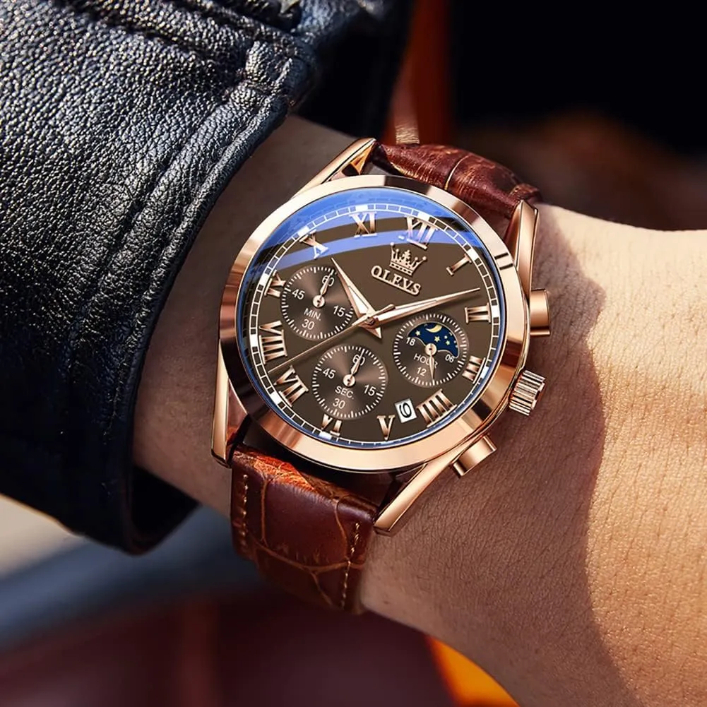 Dress Luxury Luminous Men Watches OLEVS Men's Watches Leather Strap Analog Quartz Watch, Fashion Big Dial Date Waterproof antecede Watch, 
