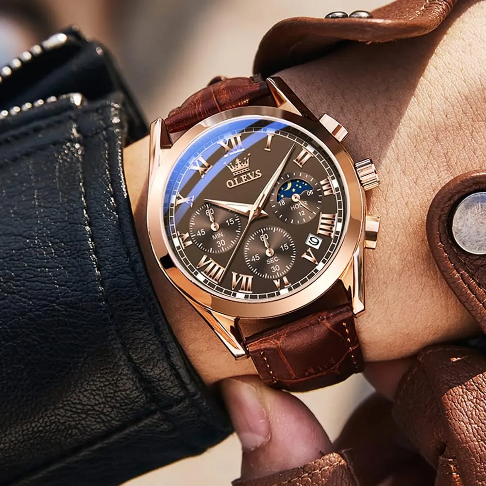 Dress Luxury Luminous Men Watches OLEVS Men's Watches Leather Strap Analog Quartz Watch, Fashion Big Dial Date Waterproof antecede Watch, 