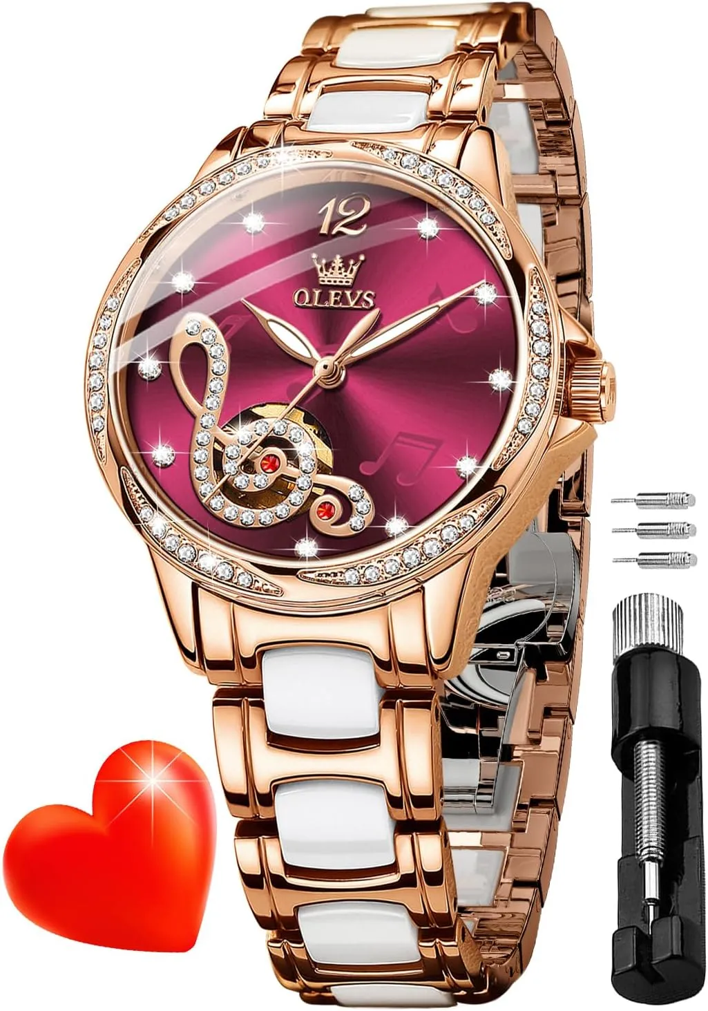 Dress Rose Gold Ceramic Watch for Women Love Heart Date OLEVS Automatic Watch for Women Self compactness impending Winding Ladies Diamond Wrist Watch Luxury 