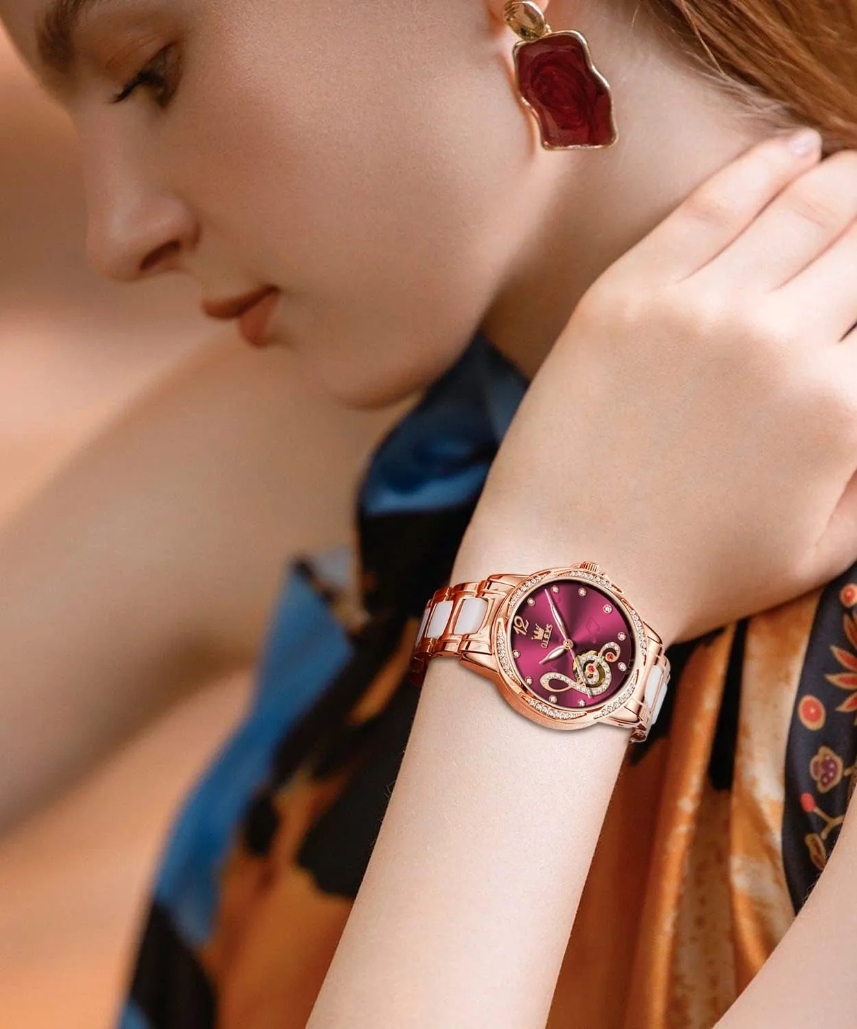 Dress Rose Gold Ceramic Watch for Women Love Heart Date OLEVS Automatic Watch for Women Self compactness impending Winding Ladies Diamond Wrist Watch Luxury 