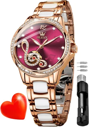 Dress Rose Gold Ceramic Watch for Women Love Heart Date OLEVS Automatic Watch for Women Self compactness impending Winding Ladies Diamond Wrist Watch Luxury 