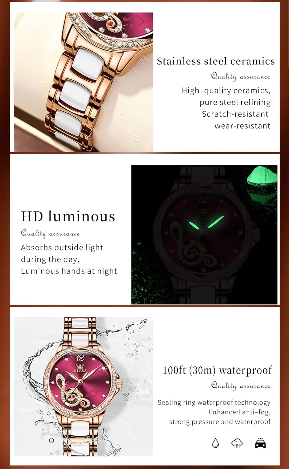 Dress Rose Gold Ceramic Watch for Women Love Heart Date OLEVS Automatic Watch for Women Self compactness impending Winding Ladies Diamond Wrist Watch Luxury 