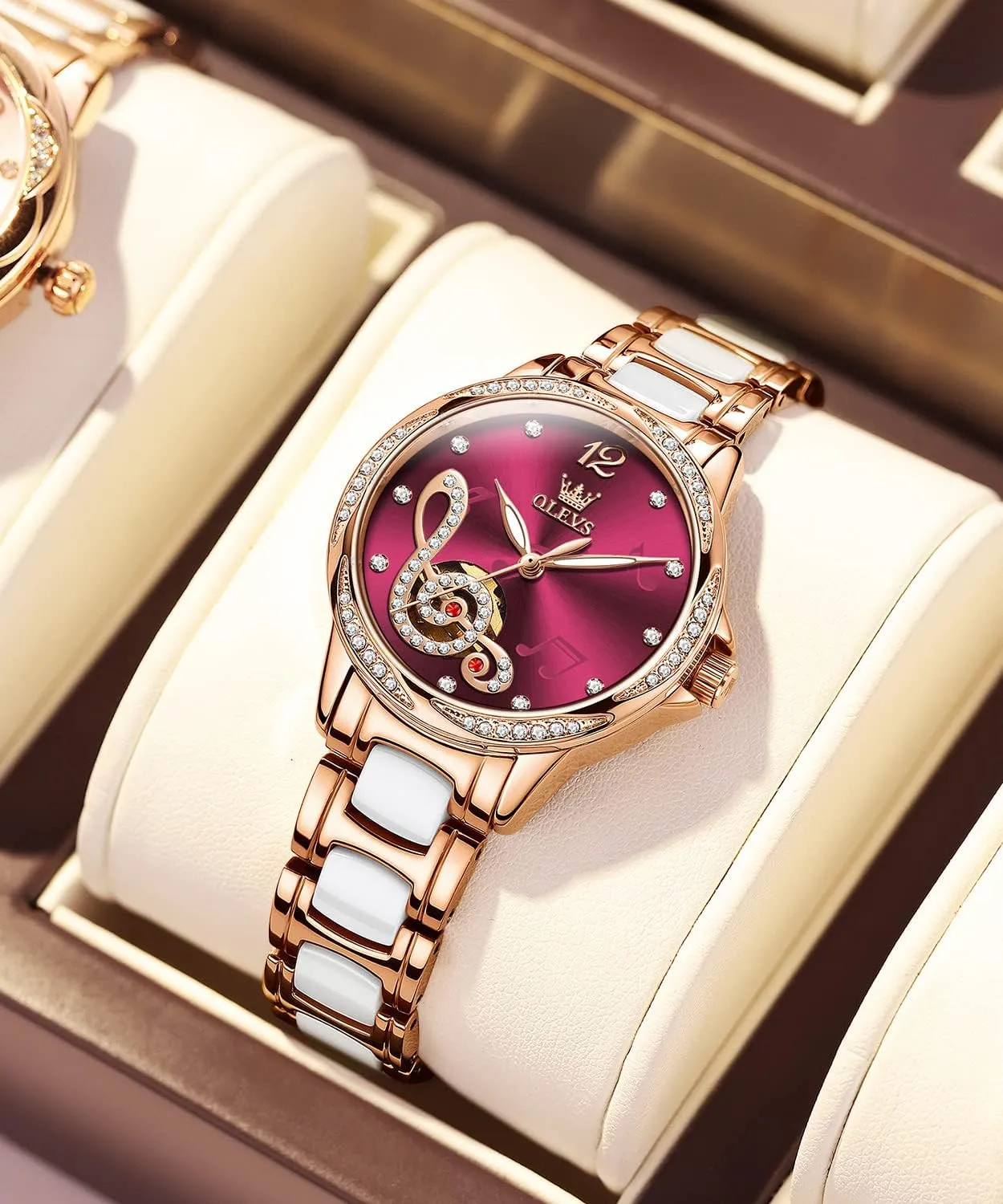 Dress Rose Gold Ceramic Watch for Women Love Heart Date OLEVS Automatic Watch for Women Self compactness impending Winding Ladies Diamond Wrist Watch Luxury 