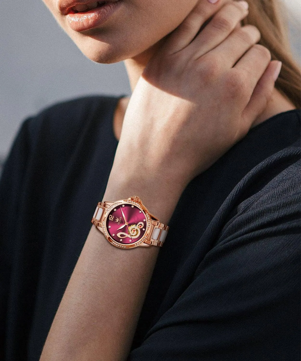 Dress Rose Gold Ceramic Watch for Women Love Heart Date OLEVS Automatic Watch for Women Self compactness impending Winding Ladies Diamond Wrist Watch Luxury 