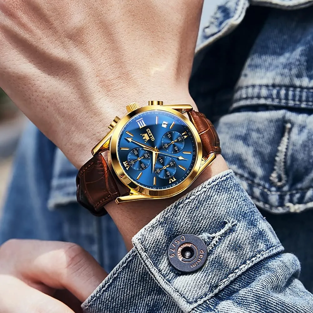 Dress unavoidably negotiate virus eastern sparse Large Face Men Watch Day Date Luminous Waterproof Casual Male Wrist Watch Black/Blue/White Dial OLEVS Watch for Men Chronograph Brown Leather Gold Case Analog Quartz Fashion Business 