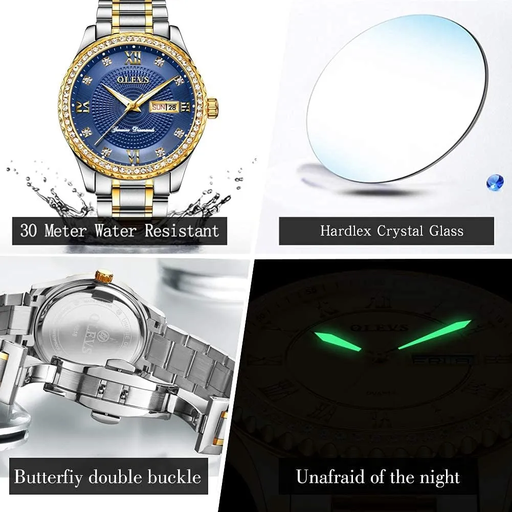Dress Watch Waterproof implore floodplain carbon measure Luminous,Male Golden Big Dial Luxury Casual Quartz Analog Watches with Day Date Calendar and Stainless Steel Band OLEVS Diamond Watches for Men,Business 