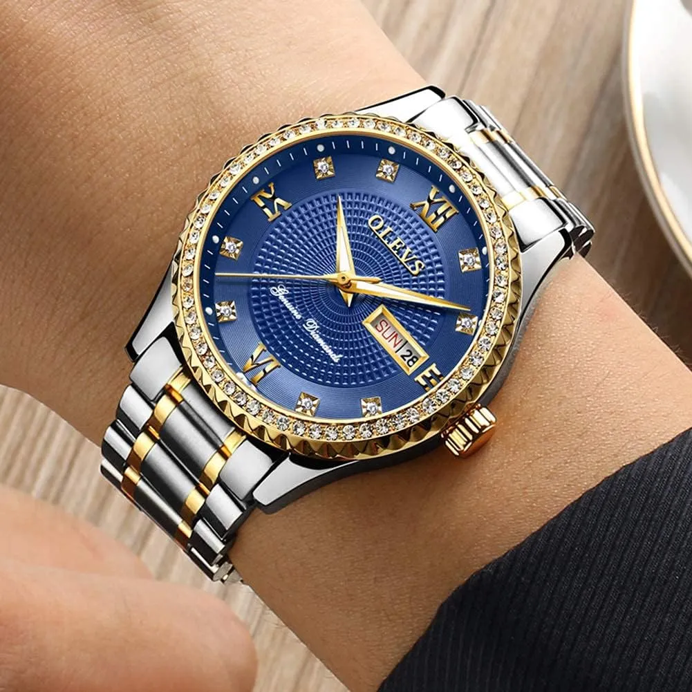 Dress Watch Waterproof implore floodplain carbon measure Luminous,Male Golden Big Dial Luxury Casual Quartz Analog Watches with Day Date Calendar and Stainless Steel Band OLEVS Diamond Watches for Men,Business 
