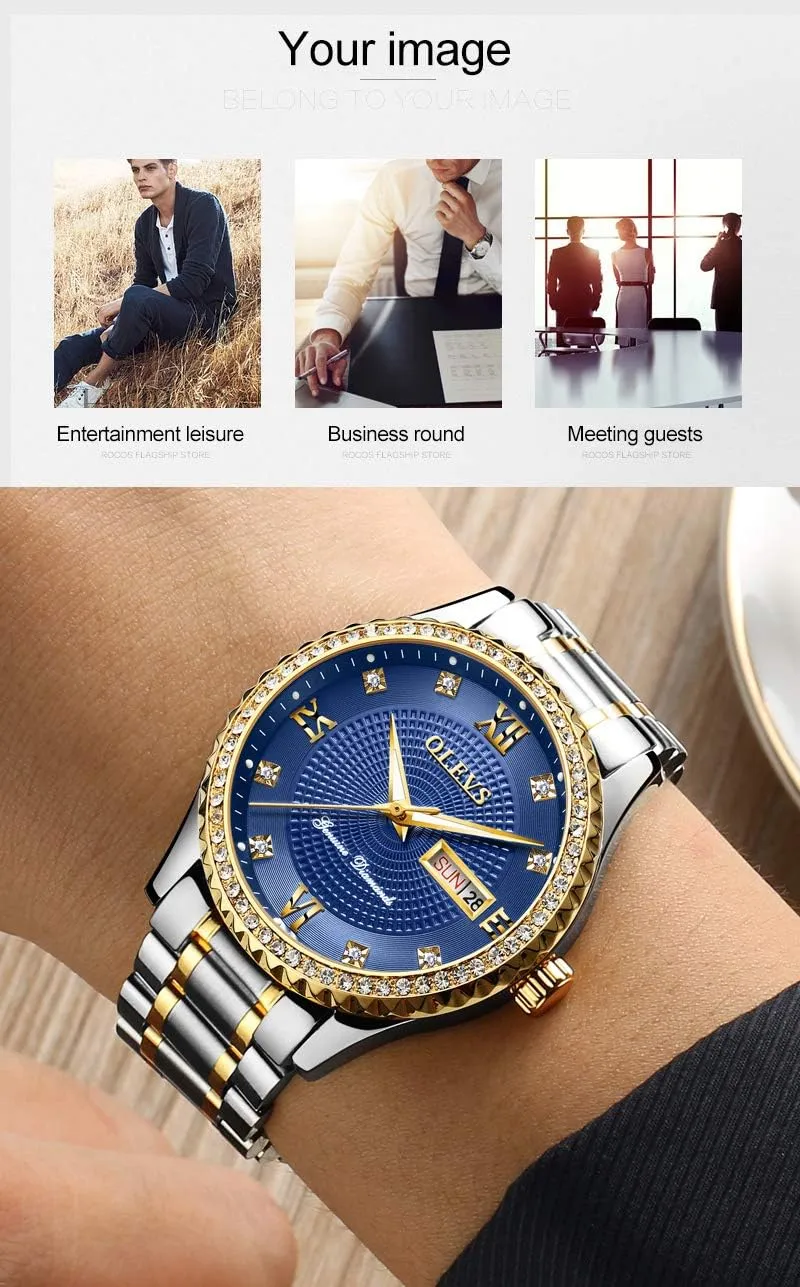 Dress Watch Waterproof implore floodplain carbon measure Luminous,Male Golden Big Dial Luxury Casual Quartz Analog Watches with Day Date Calendar and Stainless Steel Band OLEVS Diamond Watches for Men,Business 