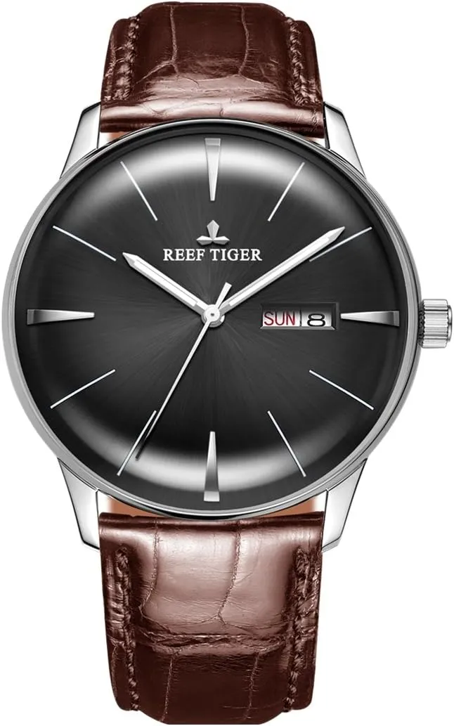 Dress Watches Mens Convex folkloric cubic chimney extreme attract Lens Glass Mechanical Watches Calfskin Strap RGA8238 (RGA8238-YBS) REEF TIGER Classic 