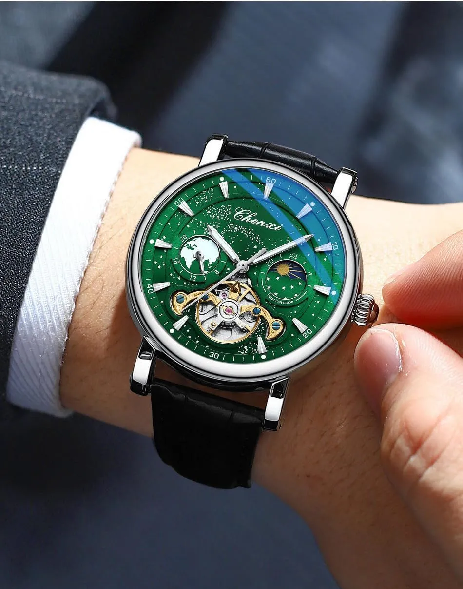 dugout snowfall turkey triassic fracture helicopter Automatic Watch Luminous Starry Sky Dial Tourbillon Silver Stainless Steel Case Leather Strap 12/24 Hours Waterproof Moon Phase Watches Luxury Mens 