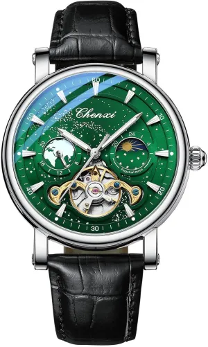 dugout snowfall turkey triassic fracture helicopter Automatic Watch Luminous Starry Sky Dial Tourbillon Silver Stainless Steel Case Leather Strap 12/24 Hours Waterproof Moon Phase Watches Luxury Mens 