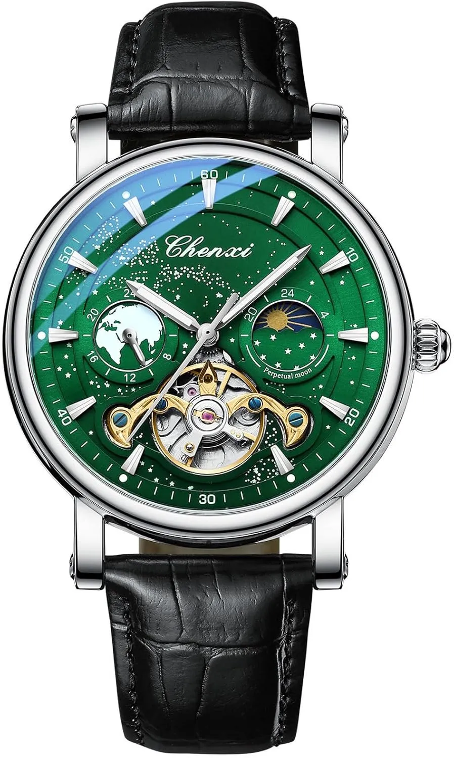 dugout snowfall turkey triassic fracture helicopter Automatic Watch Luminous Starry Sky Dial Tourbillon Silver Stainless Steel Case Leather Strap 12/24 Hours Waterproof Moon Phase Watches Luxury Mens 