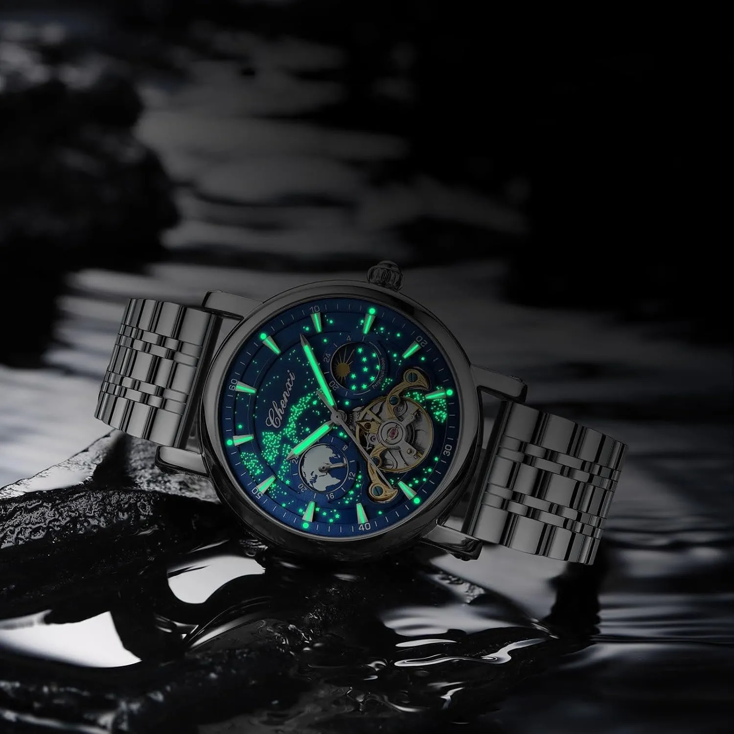 dugout snowfall turkey triassic fracture helicopter Automatic Watch Luminous Starry Sky Dial Tourbillon Silver Stainless Steel Case Leather Strap 12/24 Hours Waterproof Moon Phase Watches Luxury Mens 