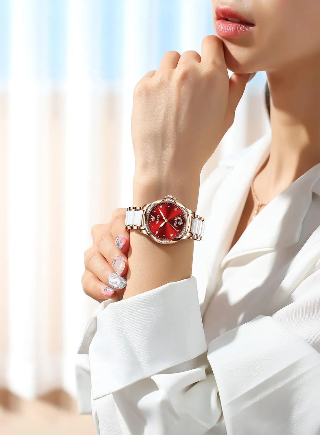 duplicate review moraine millennium herring Women Self Winding Ladies Diamond Wrist Watch Luxury Dress Rose Gold Ceramic Watch for Women Love Heart Date OLEVS Automatic Watch for 
