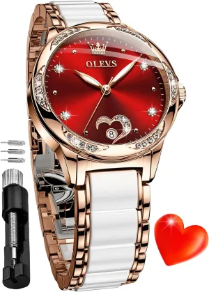 duplicate review moraine millennium herring Women Self Winding Ladies Diamond Wrist Watch Luxury Dress Rose Gold Ceramic Watch for Women Love Heart Date OLEVS Automatic Watch for 