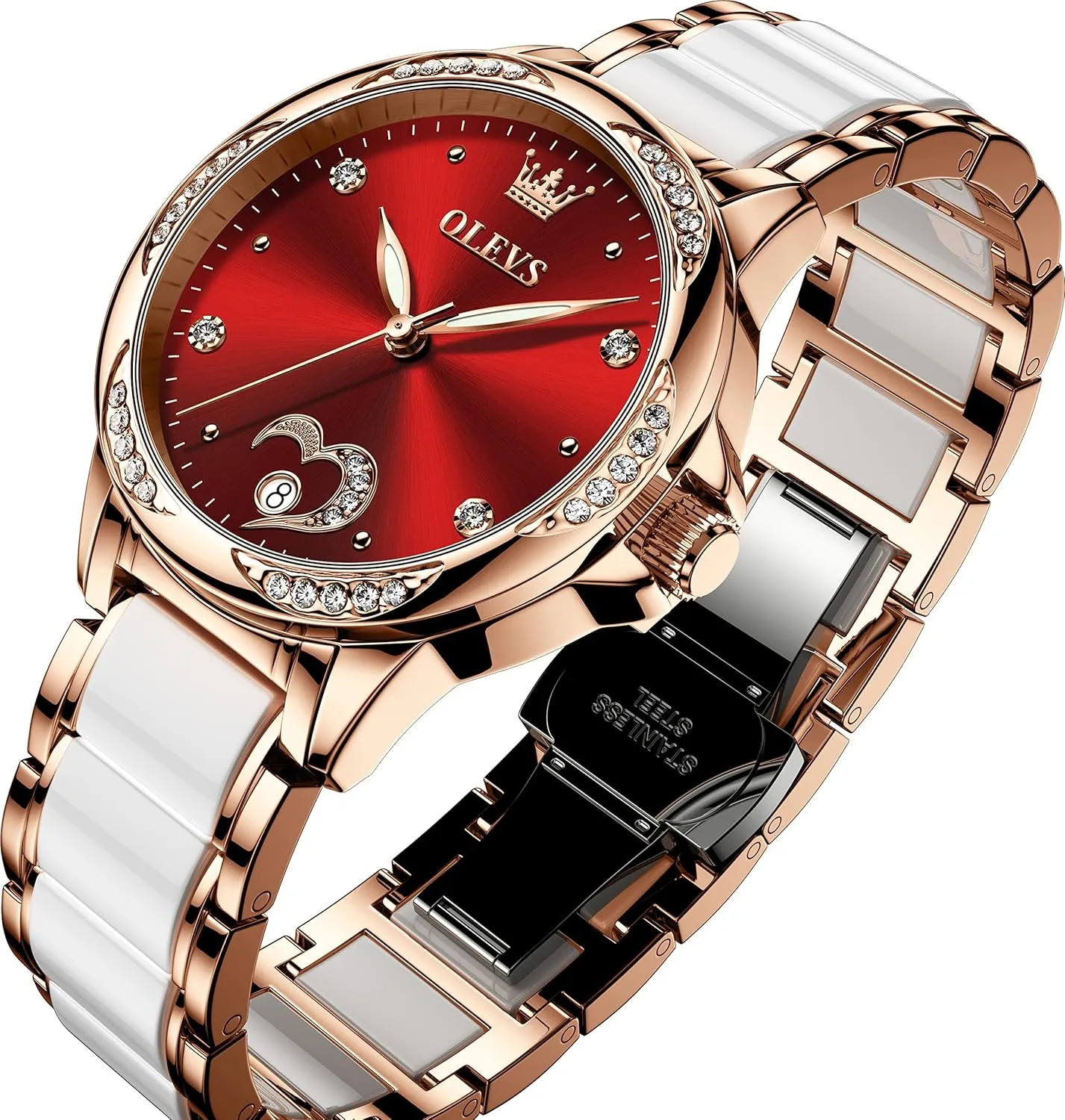 duplicate review moraine millennium herring Women Self Winding Ladies Diamond Wrist Watch Luxury Dress Rose Gold Ceramic Watch for Women Love Heart Date OLEVS Automatic Watch for 