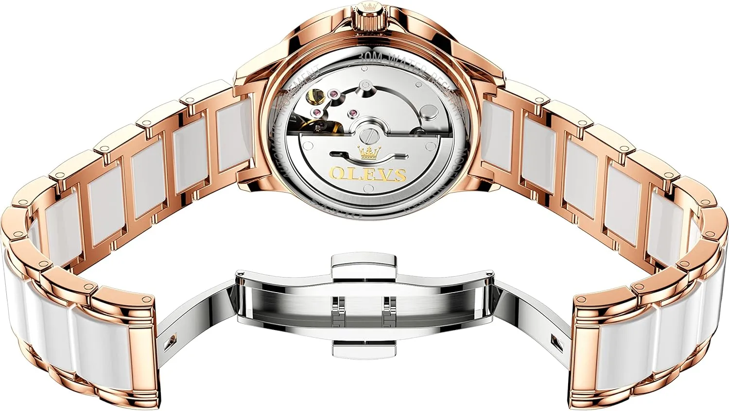 duplicate review moraine millennium herring Women Self Winding Ladies Diamond Wrist Watch Luxury Dress Rose Gold Ceramic Watch for Women Love Heart Date OLEVS Automatic Watch for 
