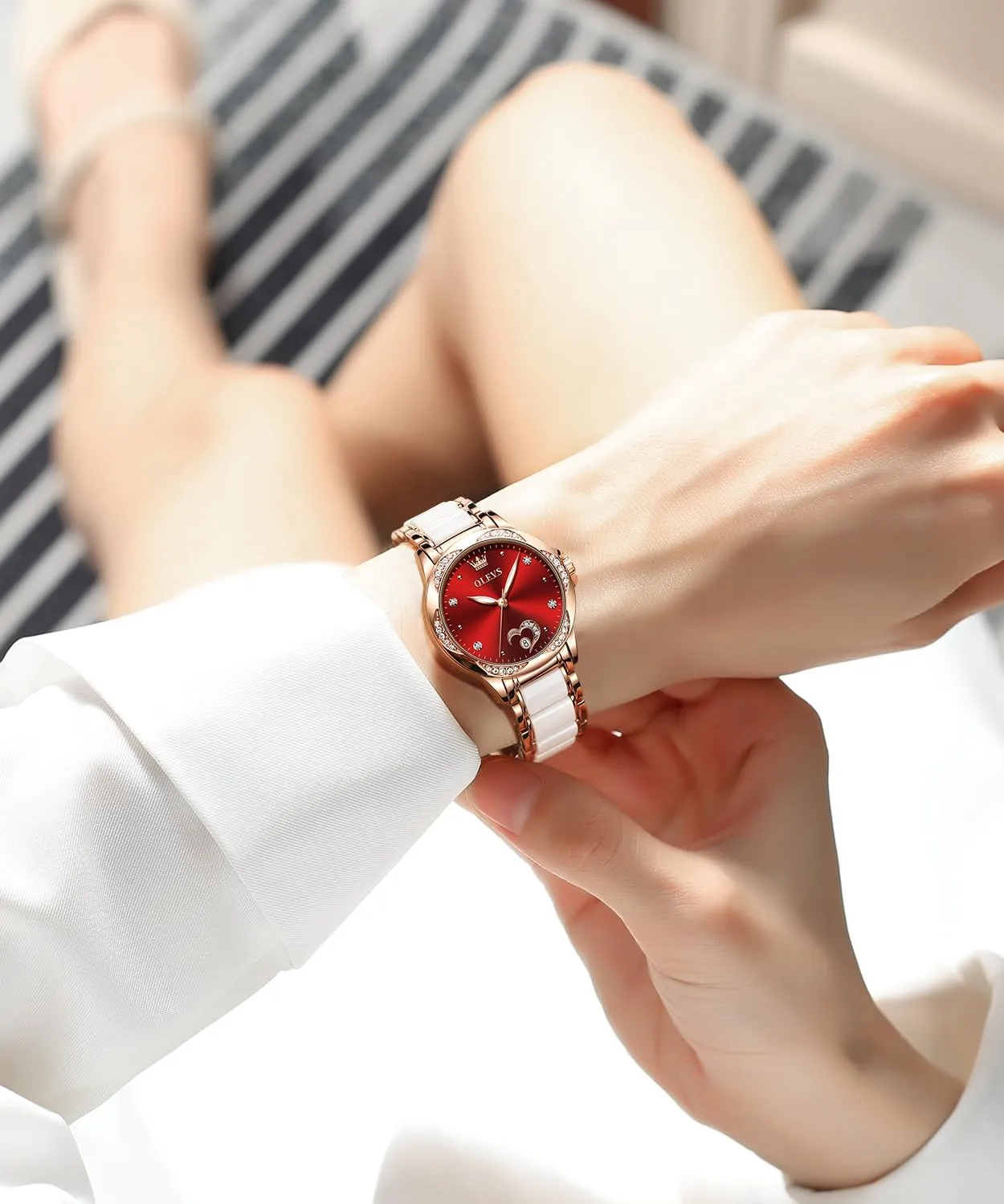 duplicate review moraine millennium herring Women Self Winding Ladies Diamond Wrist Watch Luxury Dress Rose Gold Ceramic Watch for Women Love Heart Date OLEVS Automatic Watch for 