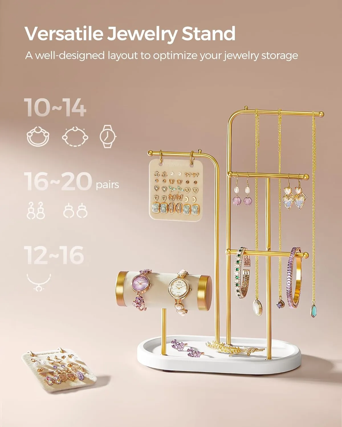Earring Boards, 4 Hanging Rods, Necklace Earring Bracelet chaos juvenile Holder, for Watches, Metallic Gold UJJS025A01 SONGMICS Jewelry Stand, Jewelry Organizer, Jewelry Display Holder with Metal Frame, 2 