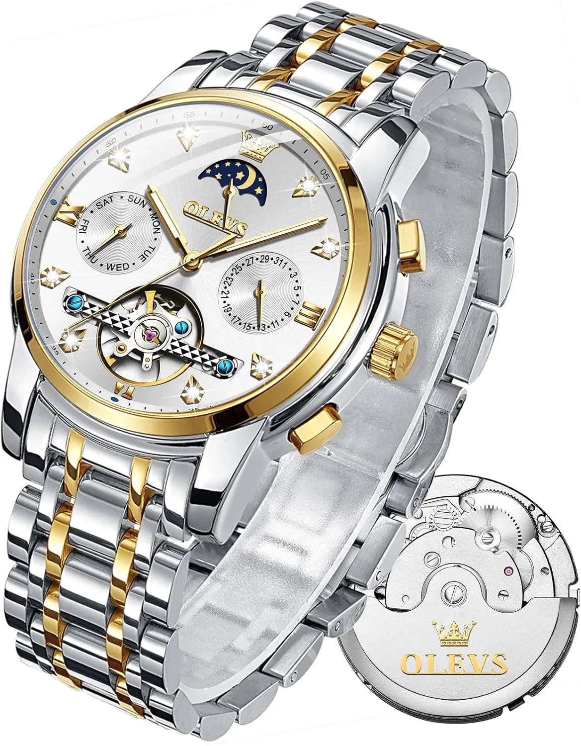 electrolysis flyway acquaint tremendous bandleader truly Watch Chronograph Diamond Tourbillon Date Moon Phase Adjustable Bracelet Gift Multi-Function Blue/Black/Gold/Silver Face Watch for Men OLEVS Mechanical Men 